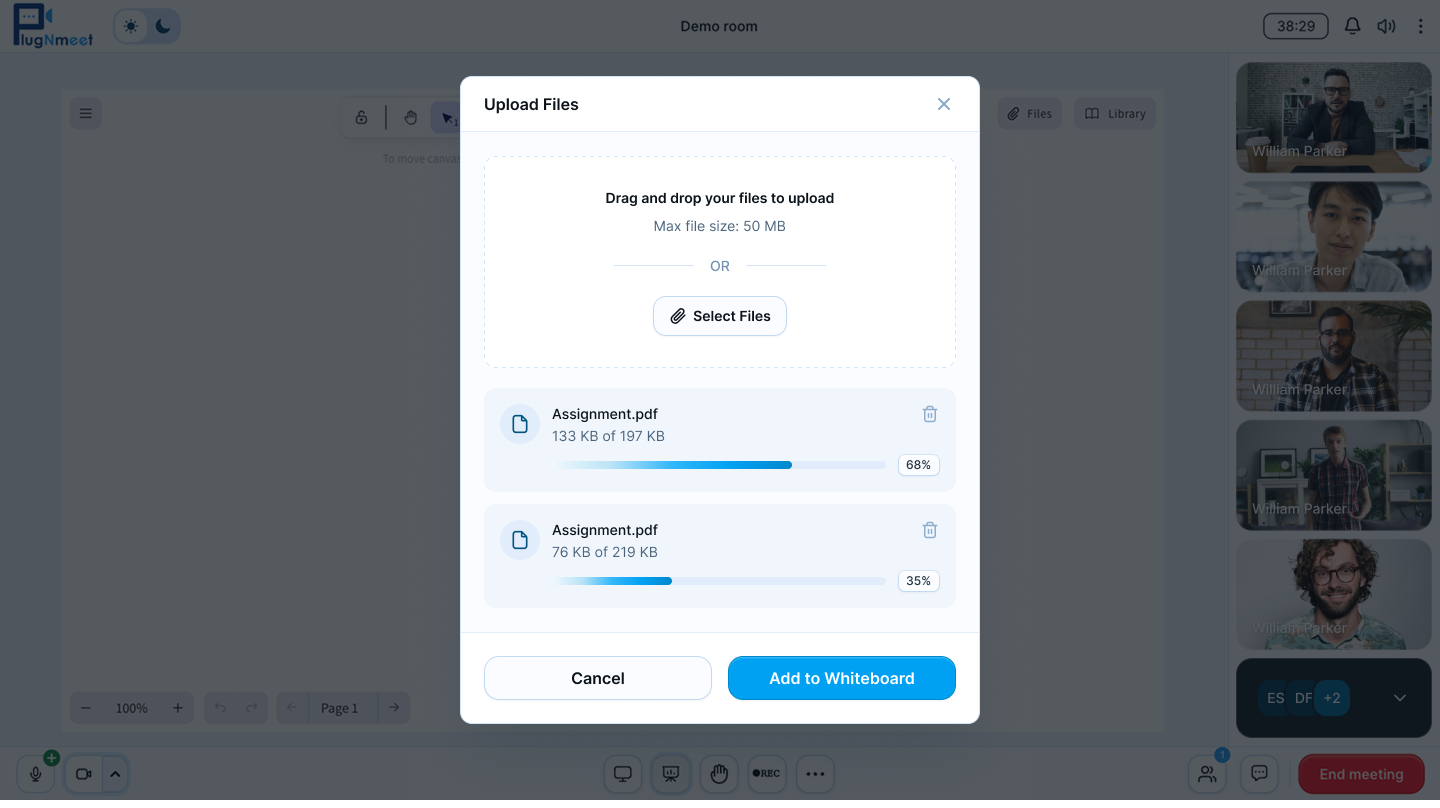 plugNmeet interactive whiteboard feature with files upload