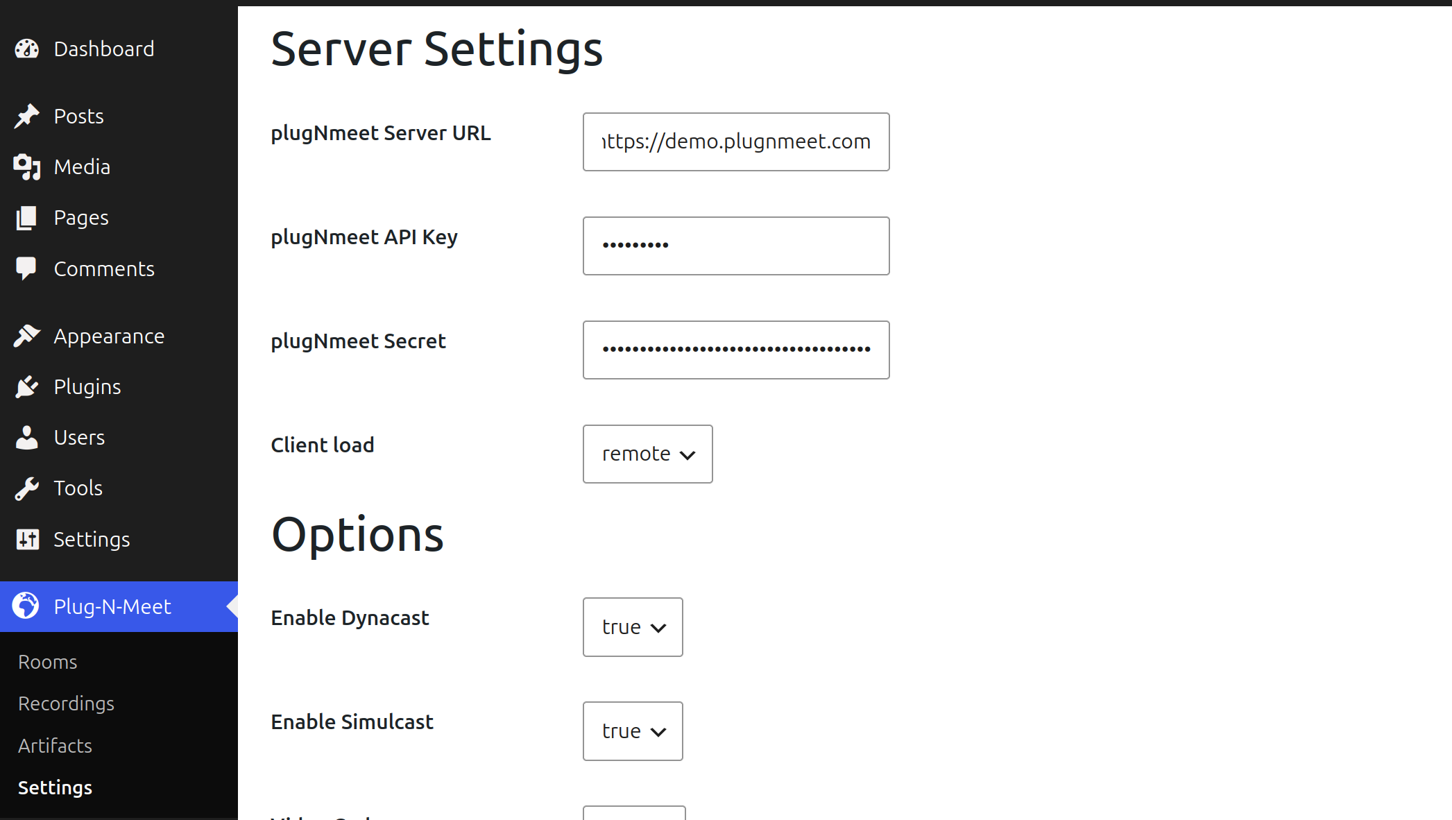 API settings page for the PlugNmeet WordPress video conferencing plugin.