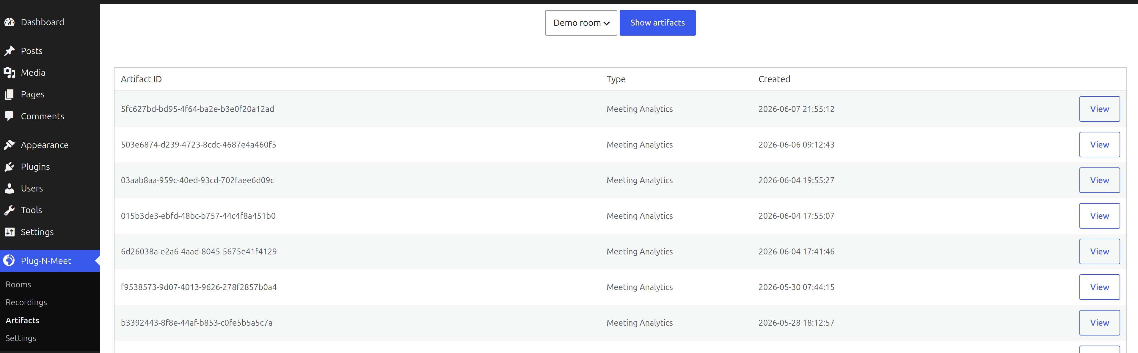 The artifacts management page in the PlugNmeet WordPress plugin, showing downloadable analytics reports and AI summaries.