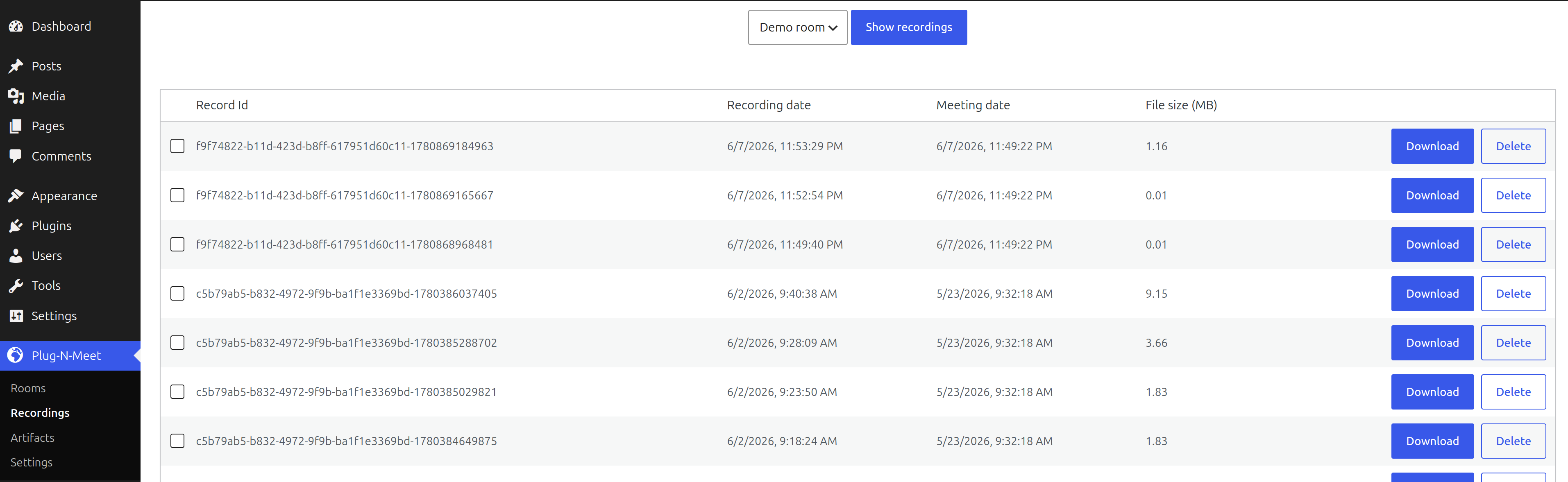 The recordings management page in the PlugNmeet WordPress plugin, showing options to download and merge video files.
