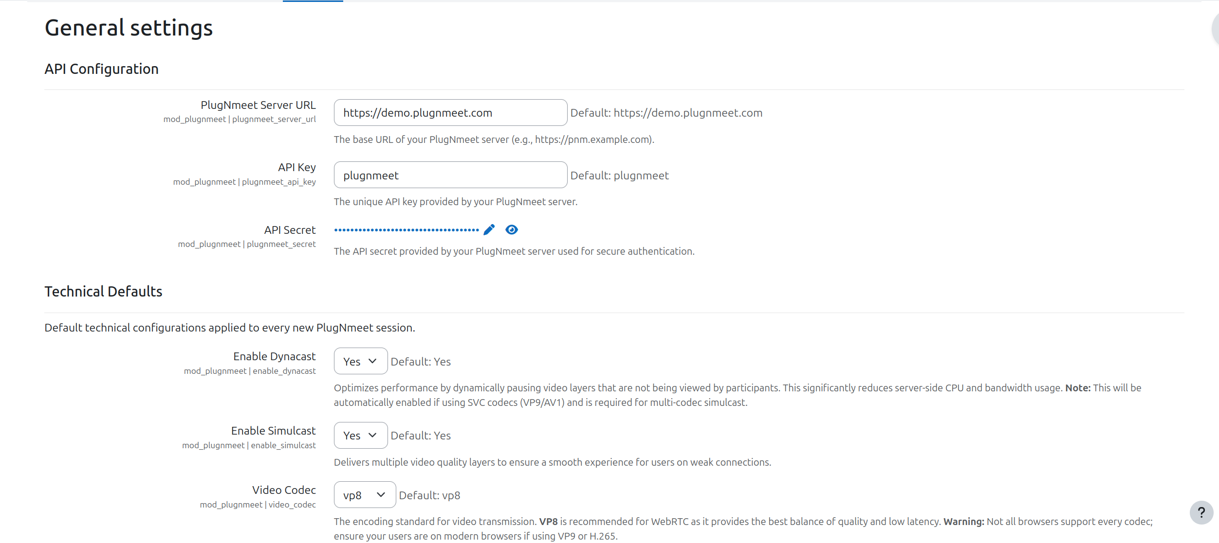 Screenshot of the Moodle admin settings page with fields for API credentials and the client loading method highlighted.