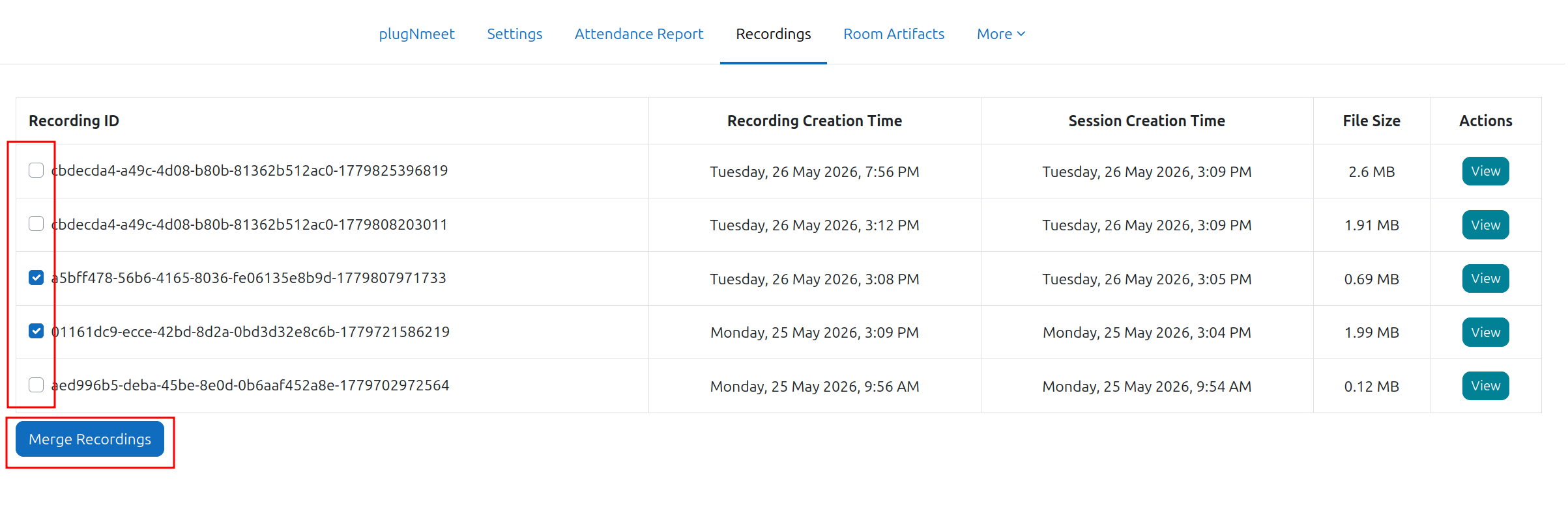 Screenshot of the Moodle recordings list with checkboxes and a merge button, showing the merge confirmation pop-up.