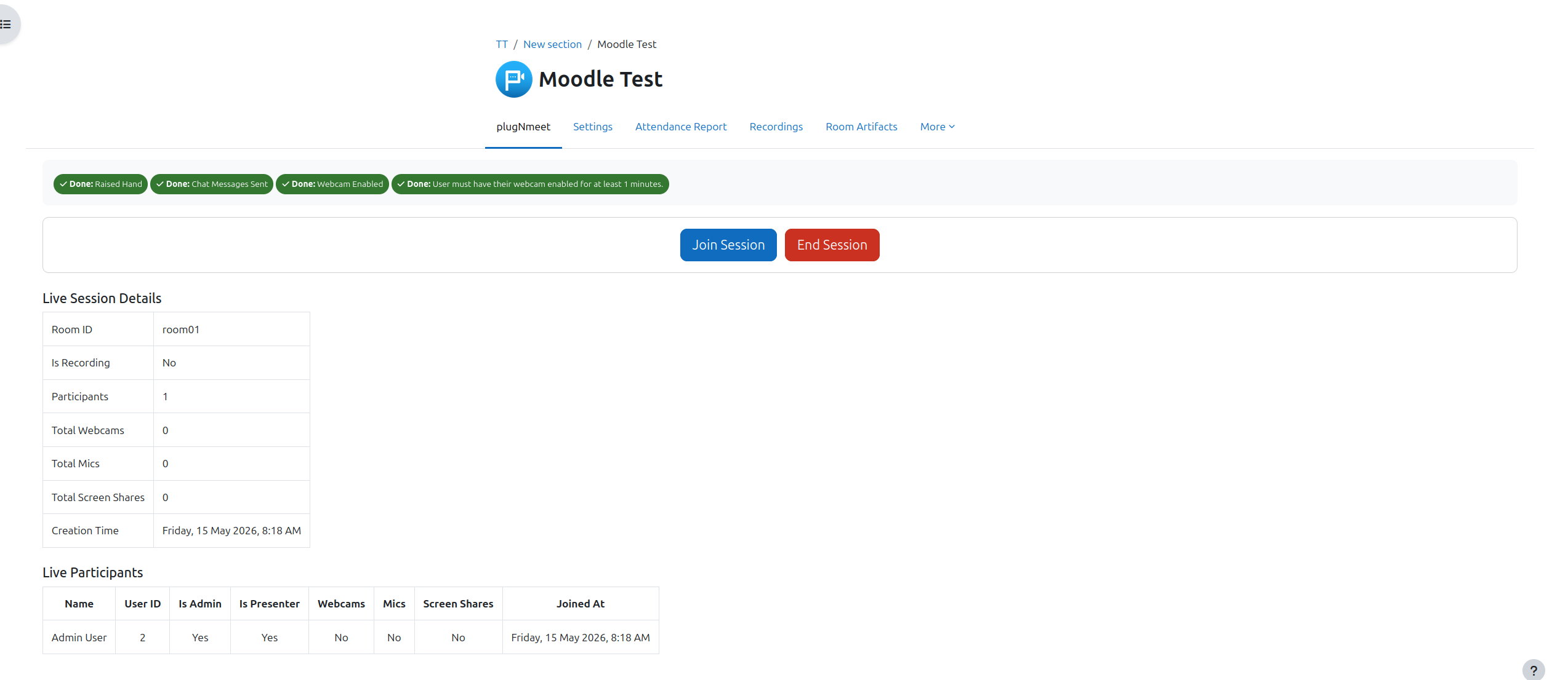 Screenshot of the Active live sessions with participant details.