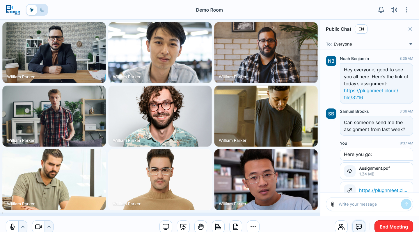 plugNmeet — Chat público y privado con archivos